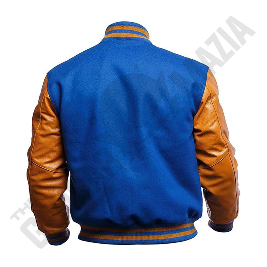 Men's Blue Wool Body With Gold Leather Sleeves Varsity Jacket