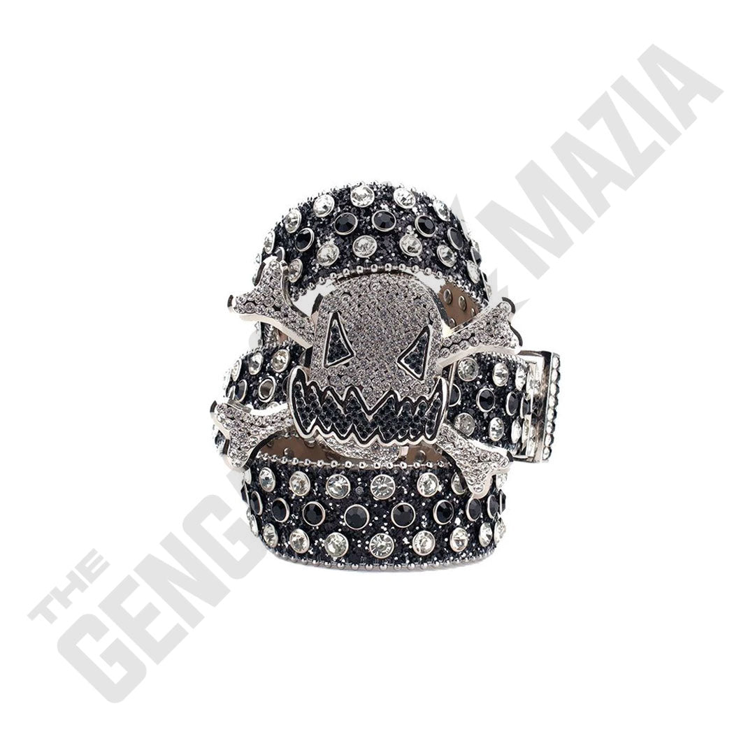 Gengar Metal Buckle Shiny Black Strap With Crystal & Black Studded Rhinestone Belt