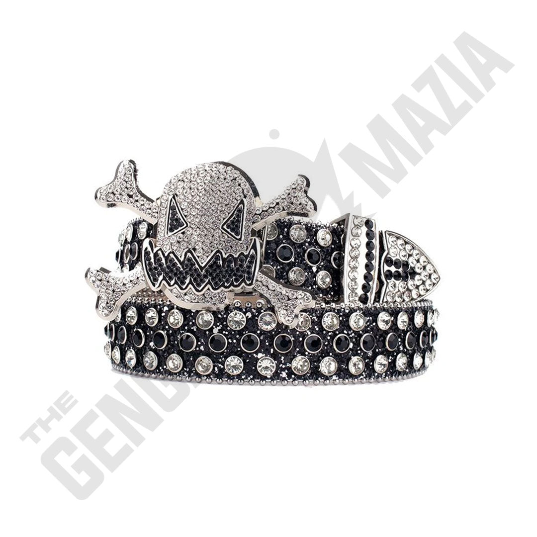 Gengar Metal Buckle Shiny Black Strap With Crystal & Black Studded Rhinestone Belt