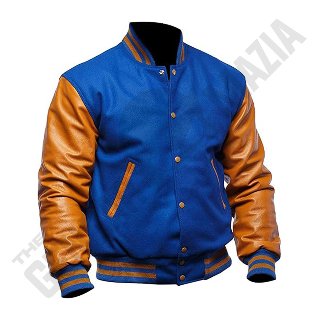 Men's Blue Wool Body With Gold Leather Sleeves Varsity Jacket