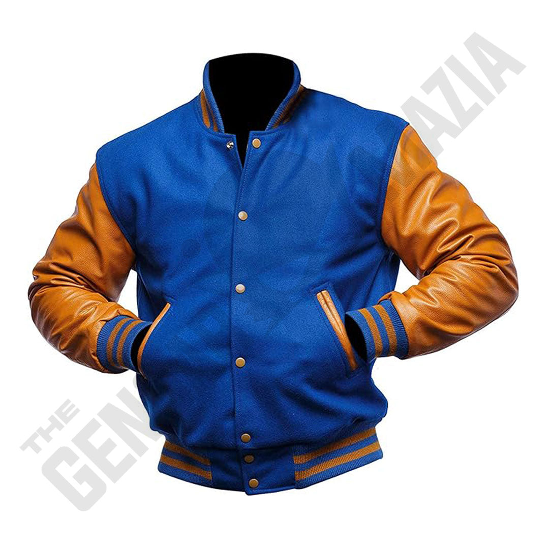 Men's Blue Wool Body With Gold Leather Sleeves Varsity Jacket
