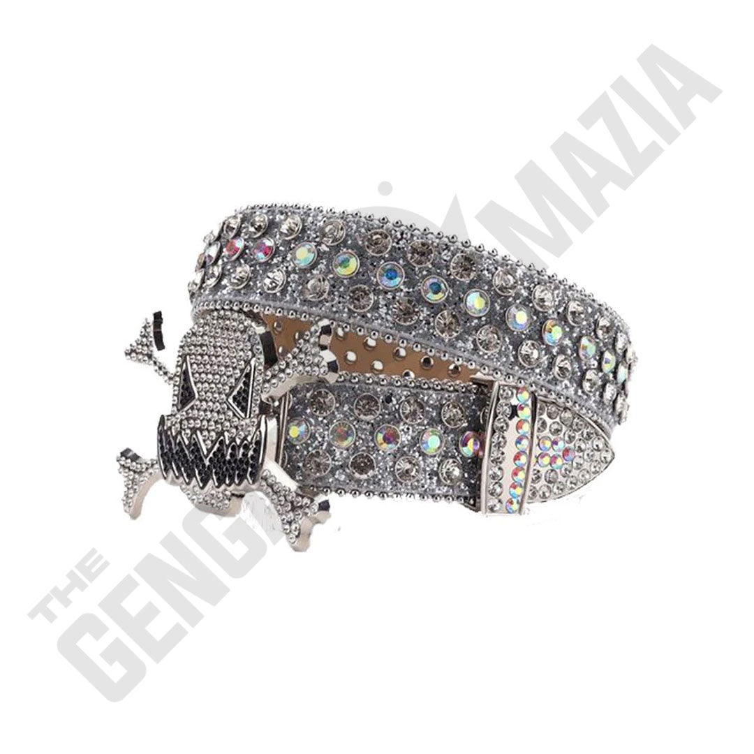 Gengar Metal Buckle Silver Strap With Crystal Studded Rhinestone Belt
