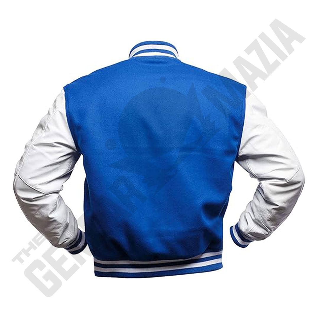 Men's Blue Wool Body With White Leather Sleeves Letterman Jacket