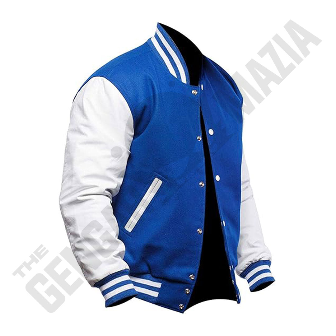 Men's Blue Wool Body With White Leather Sleeves Letterman Jacket