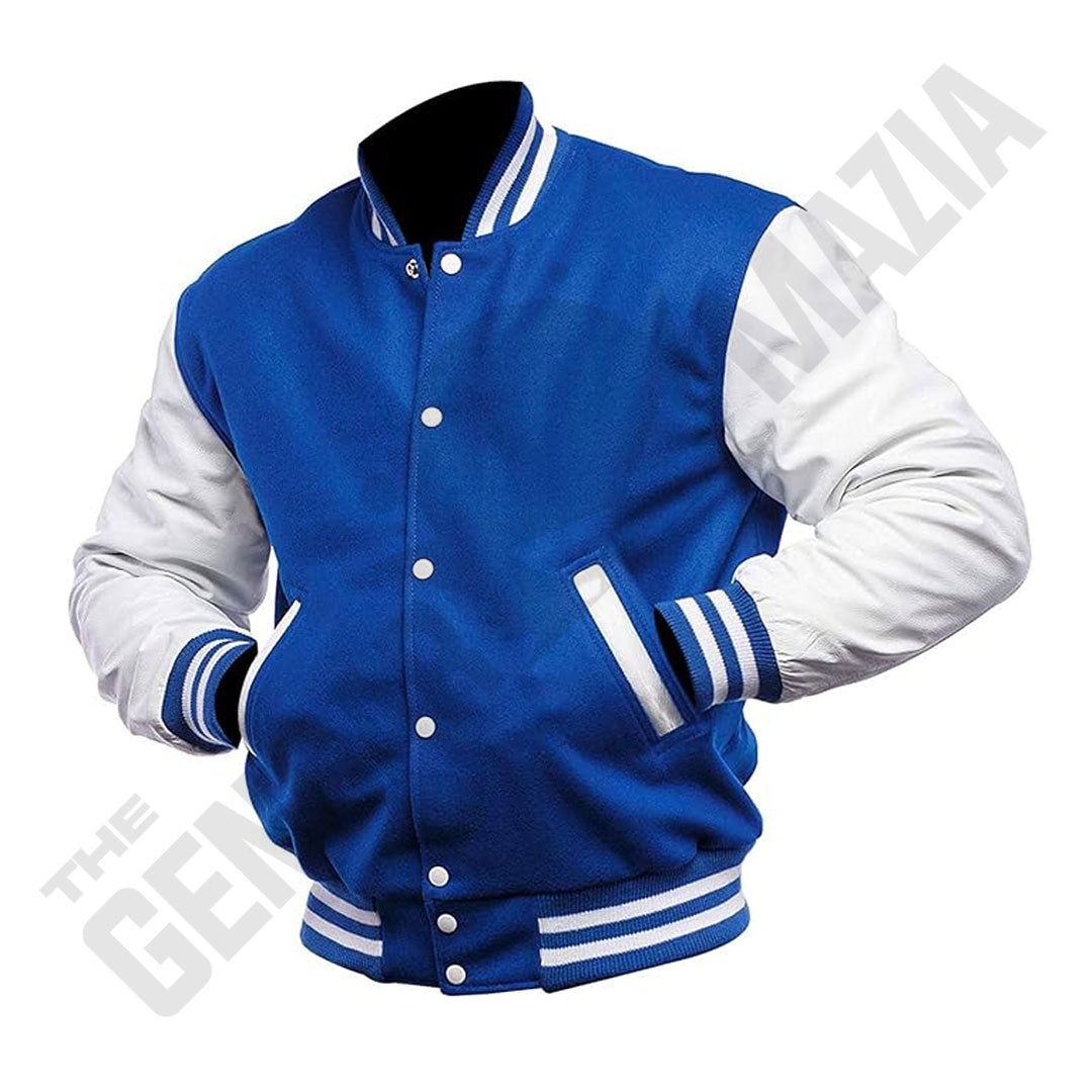 Men's Blue Wool Body With White Leather Sleeves Letterman Jacket