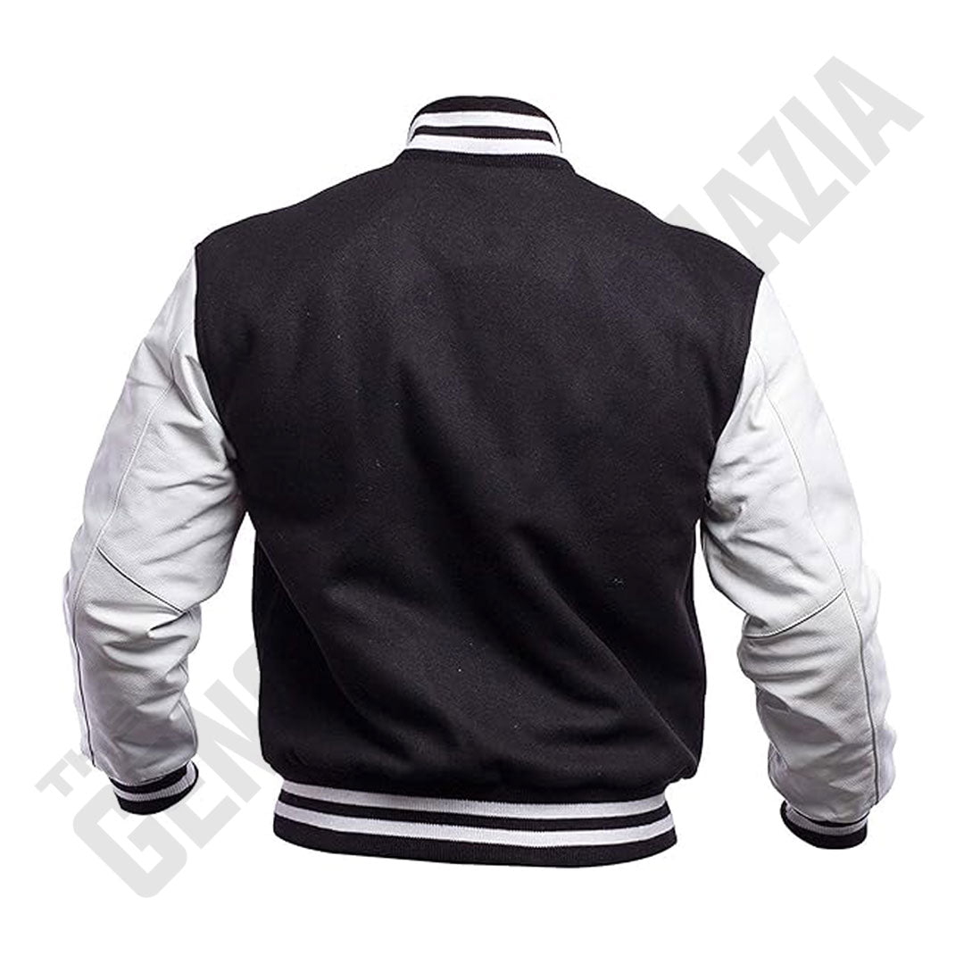 Men's Black Wool Body With White Leather Sleeves Varsity Jacket
