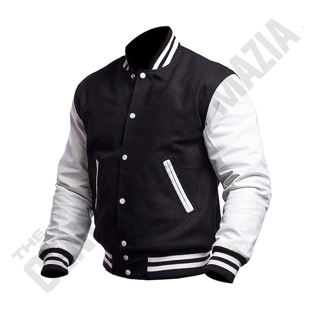 Men's Black Wool Body With White Leather Sleeves Varsity Jacket