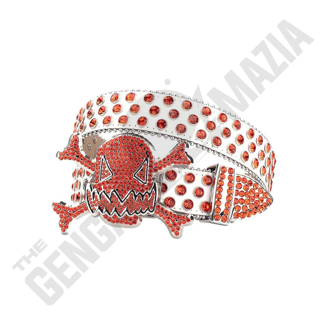 Gengar Metal Buckle White Strap With Orange Studded Rhinestone Belt