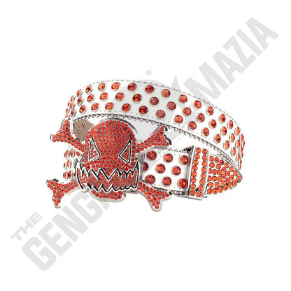 Gengar Metal Buckle White Strap With Orange Studded Rhinestone Belt