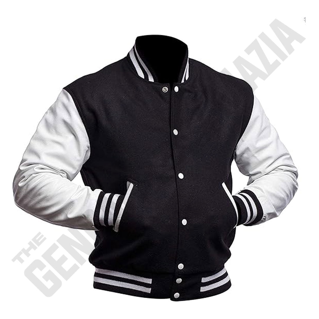 Men's Black Wool Body With White Leather Sleeves Varsity Jacket