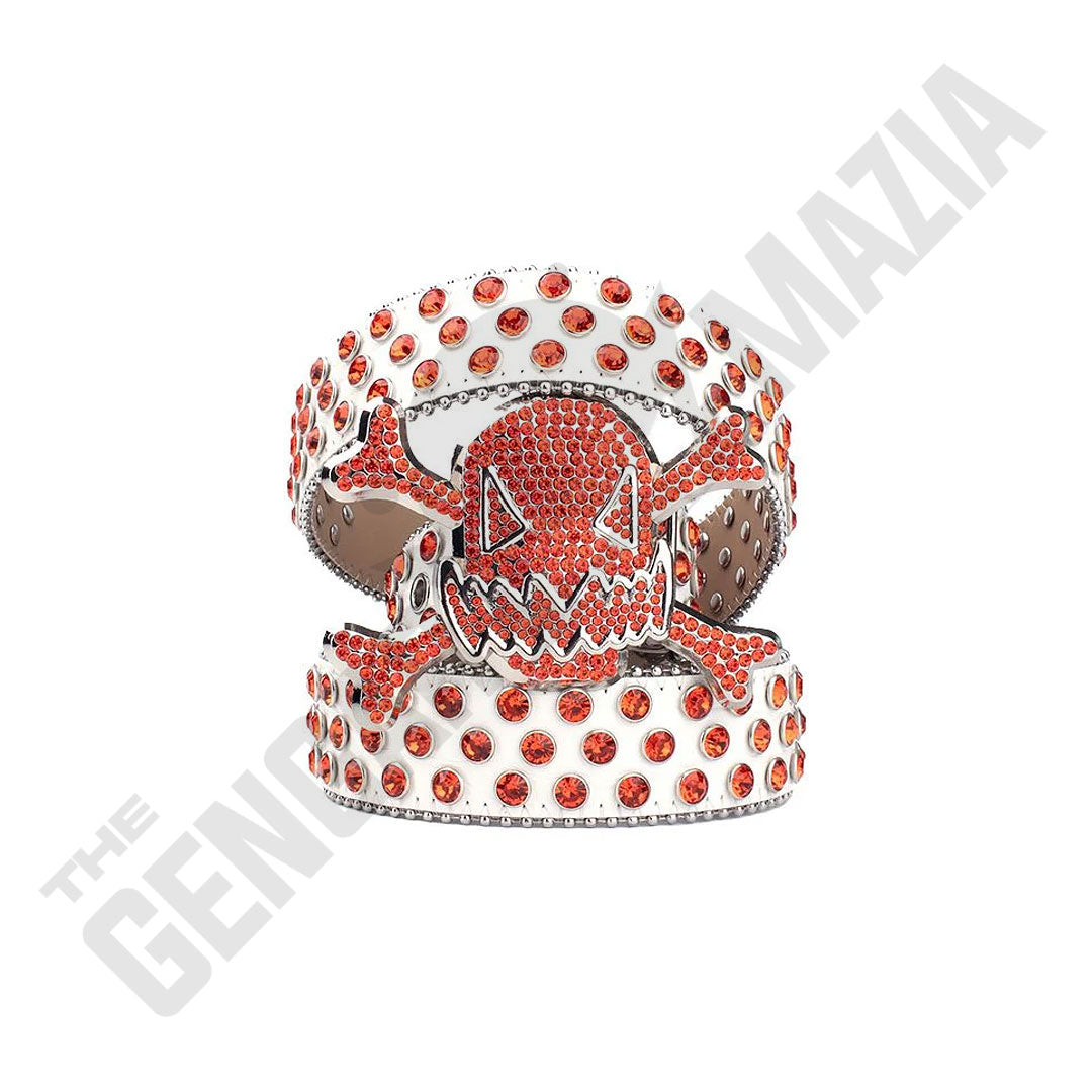 Gengar Metal Buckle White Strap With Orange Studded Rhinestone Belt