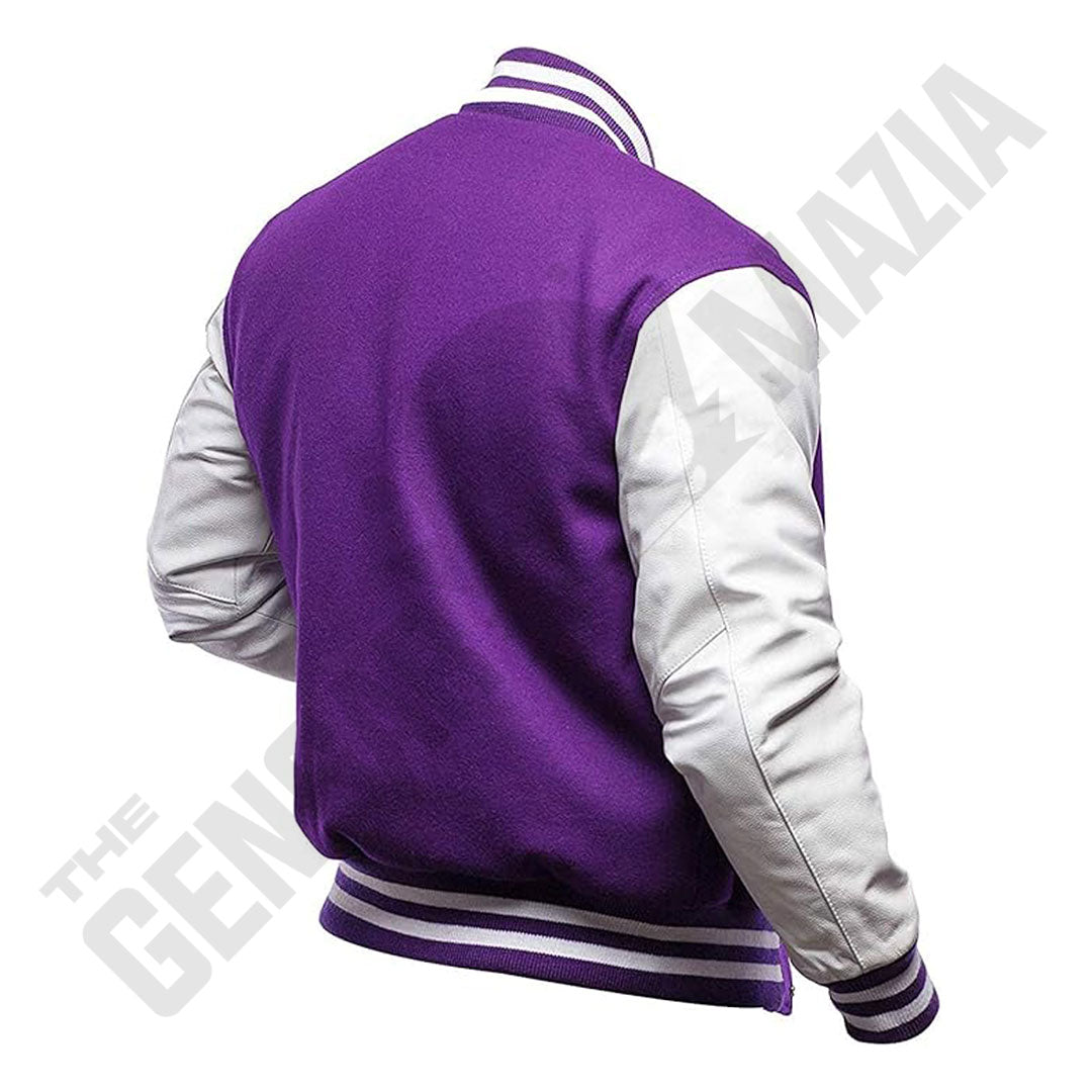Men's Purple Wool Body With White Leather Sleeves Letterman Jacket
