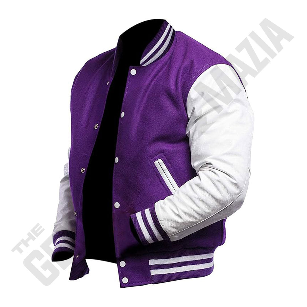 Men's Purple Wool Body With White Leather Sleeves Letterman Jacket