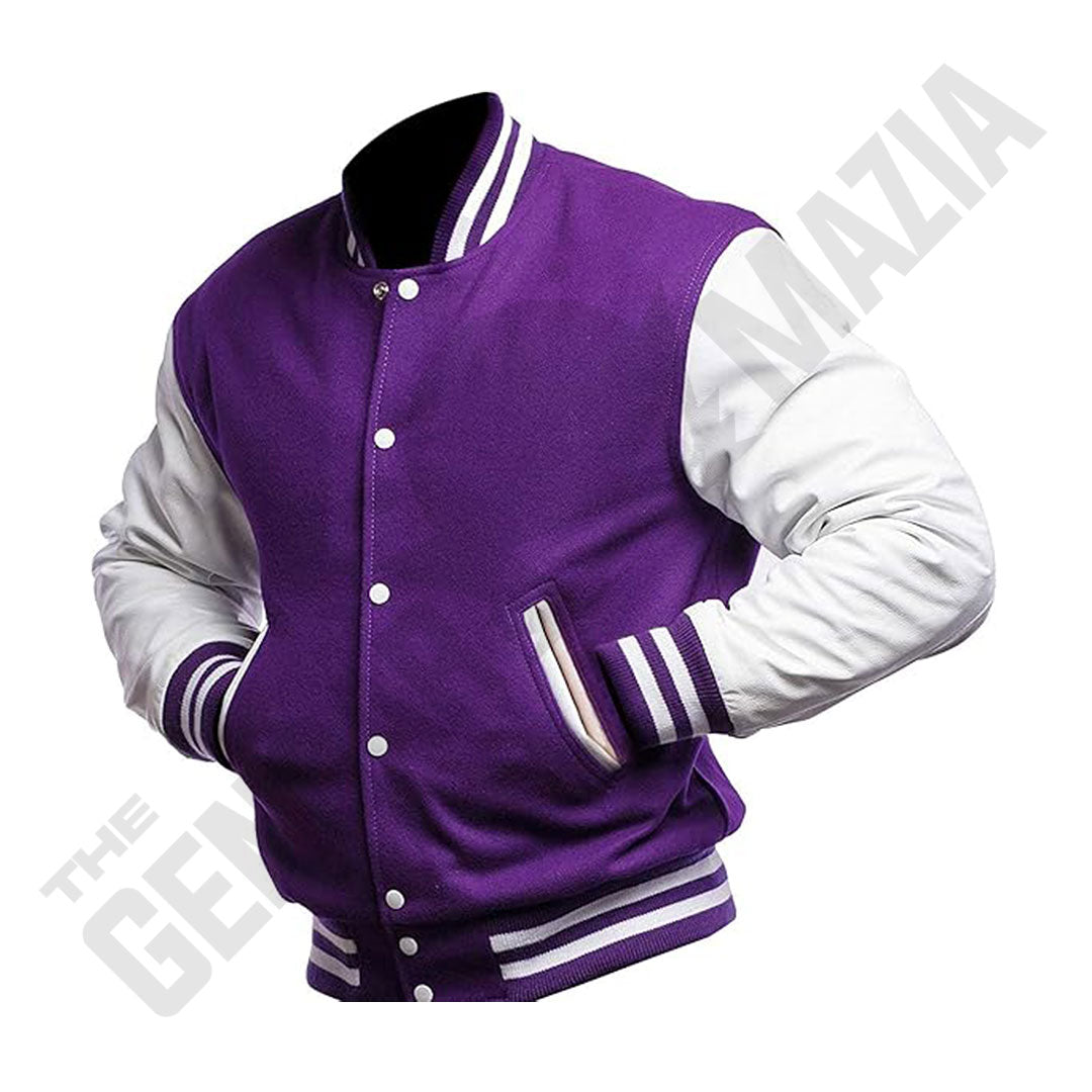 Men's Purple Wool Body With White Leather Sleeves Letterman Jacket