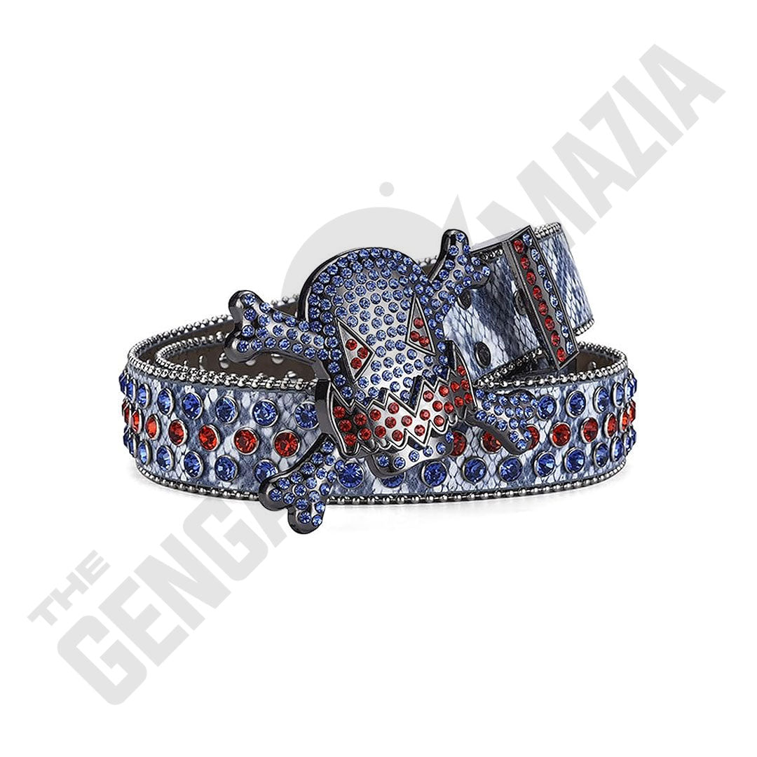 Gengar Metal Buckle Patterned Blue Strap With Blue & Red Studded Rhinestone Belt