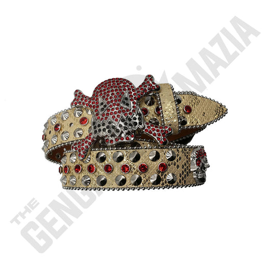 Punk Rivet Gengar Metal Buckle Shiny Beige Strap With Red Studded Rhinestone Belt