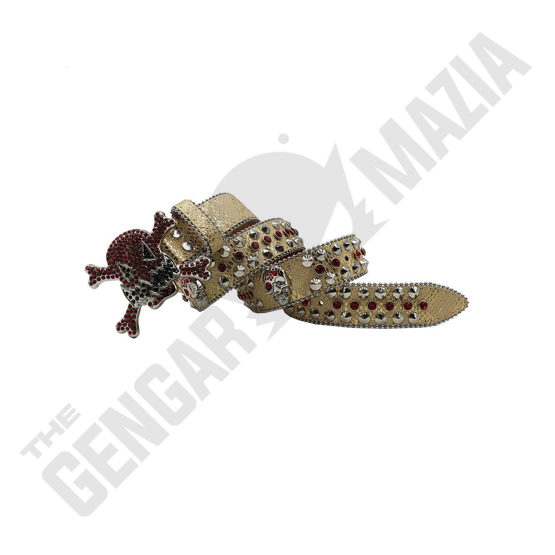Punk Rivet Gengar Metal Buckle Shiny Beige Strap With Red Studded Rhinestone Belt