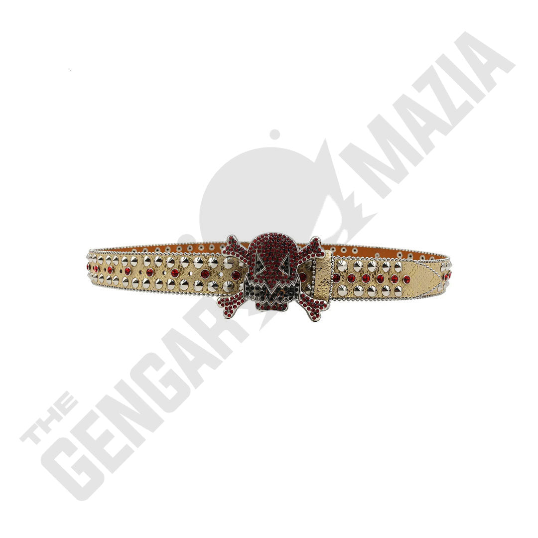 Punk Rivet Gengar Metal Buckle Shiny Beige Strap With Red Studded Rhinestone Belt
