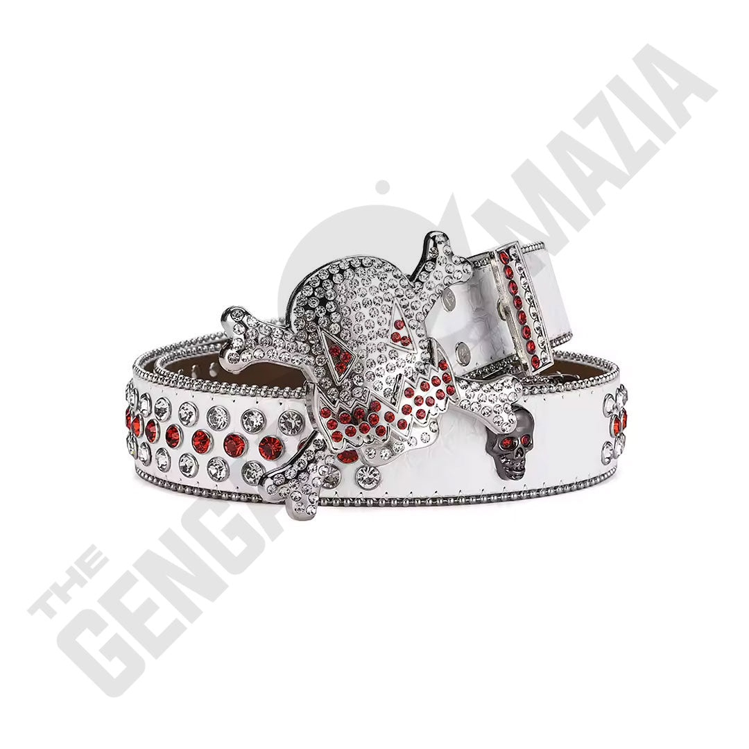 Gengar Metal Buckle White Strap With Red & Crystal Studded Rhinestone Belt