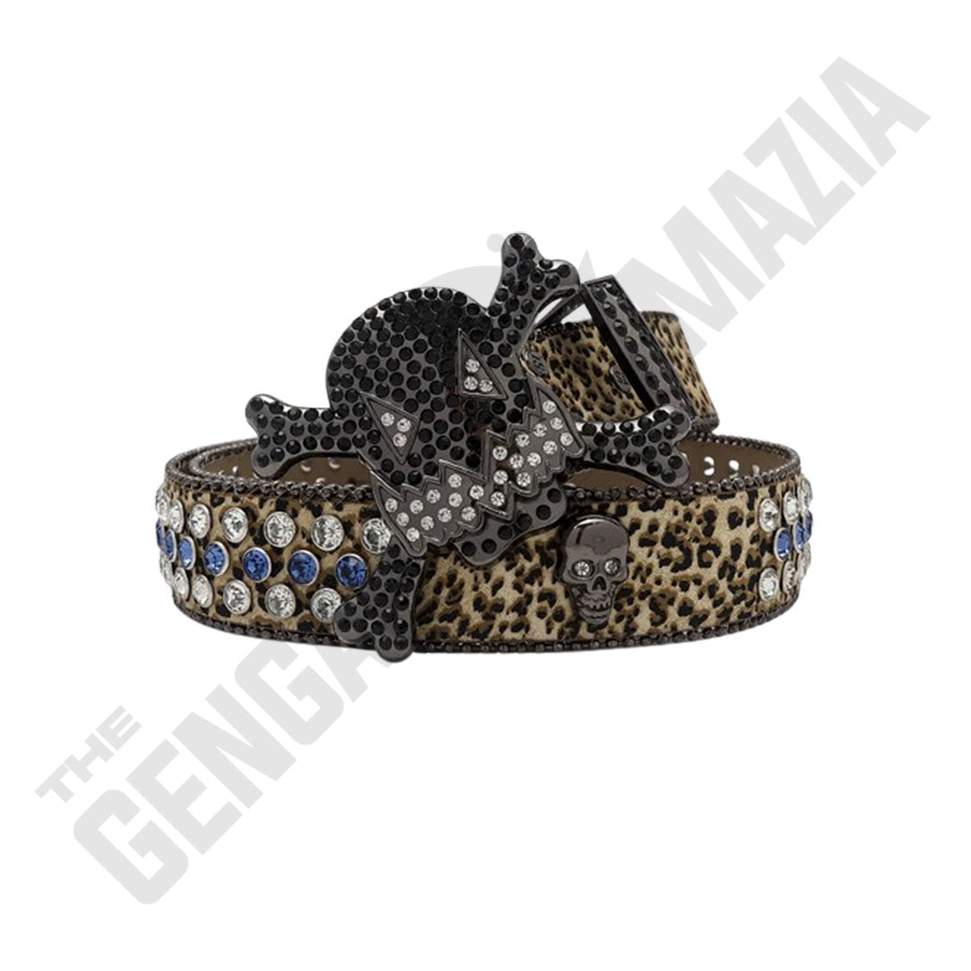 Gengar Metal Buckle Leopard Print Blue & Crystal Studded Rhinestone Belt