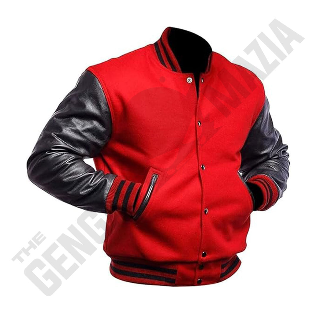 Men's Red Wool Body With Black Leather Sleeves Varsity Jacket