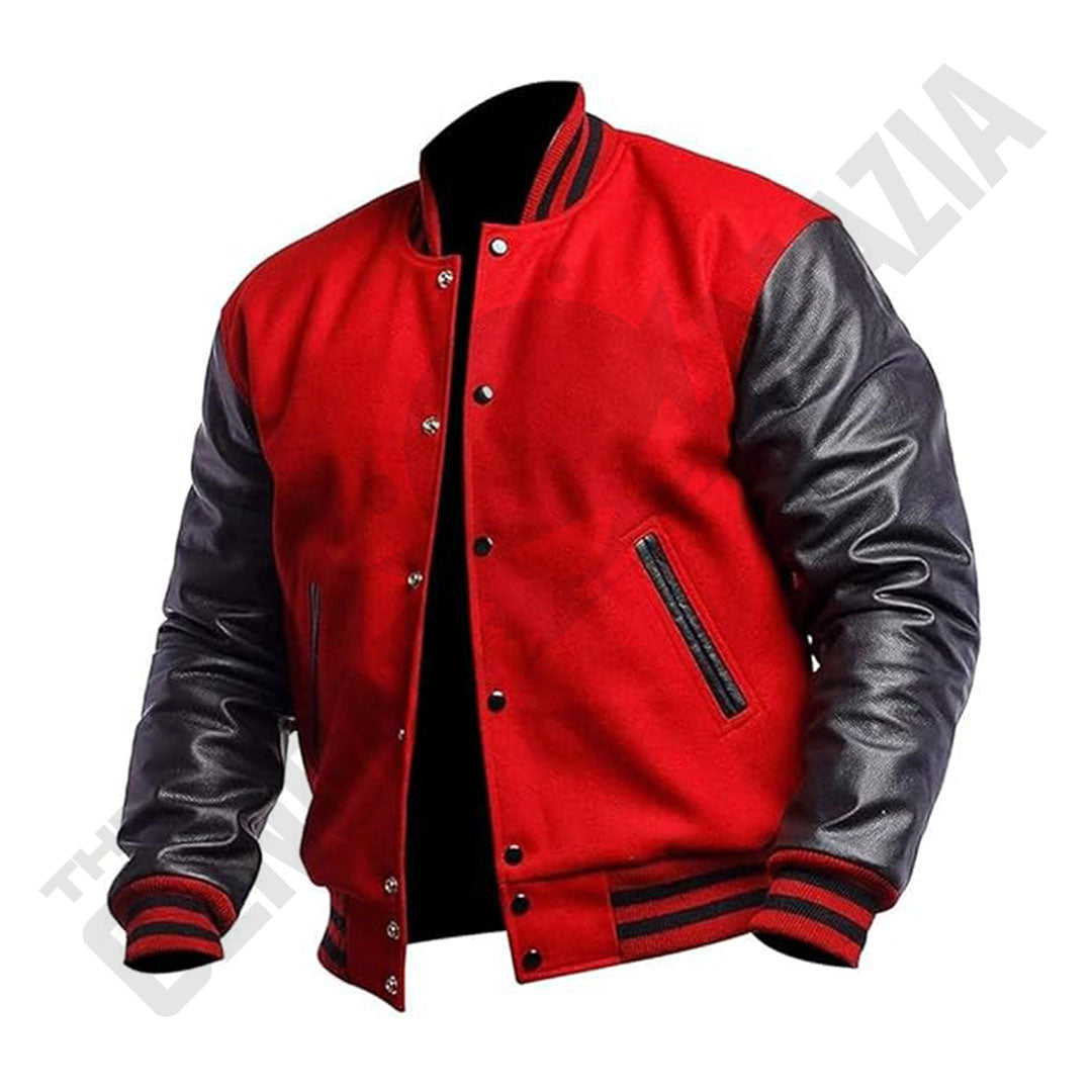 Men's Red Wool Body With Black Leather Sleeves Varsity Jacket
