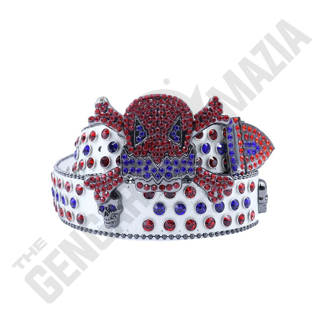 Gengar Metal Buckle White Strap With Blue & Red Studded Rhinestone Belt
