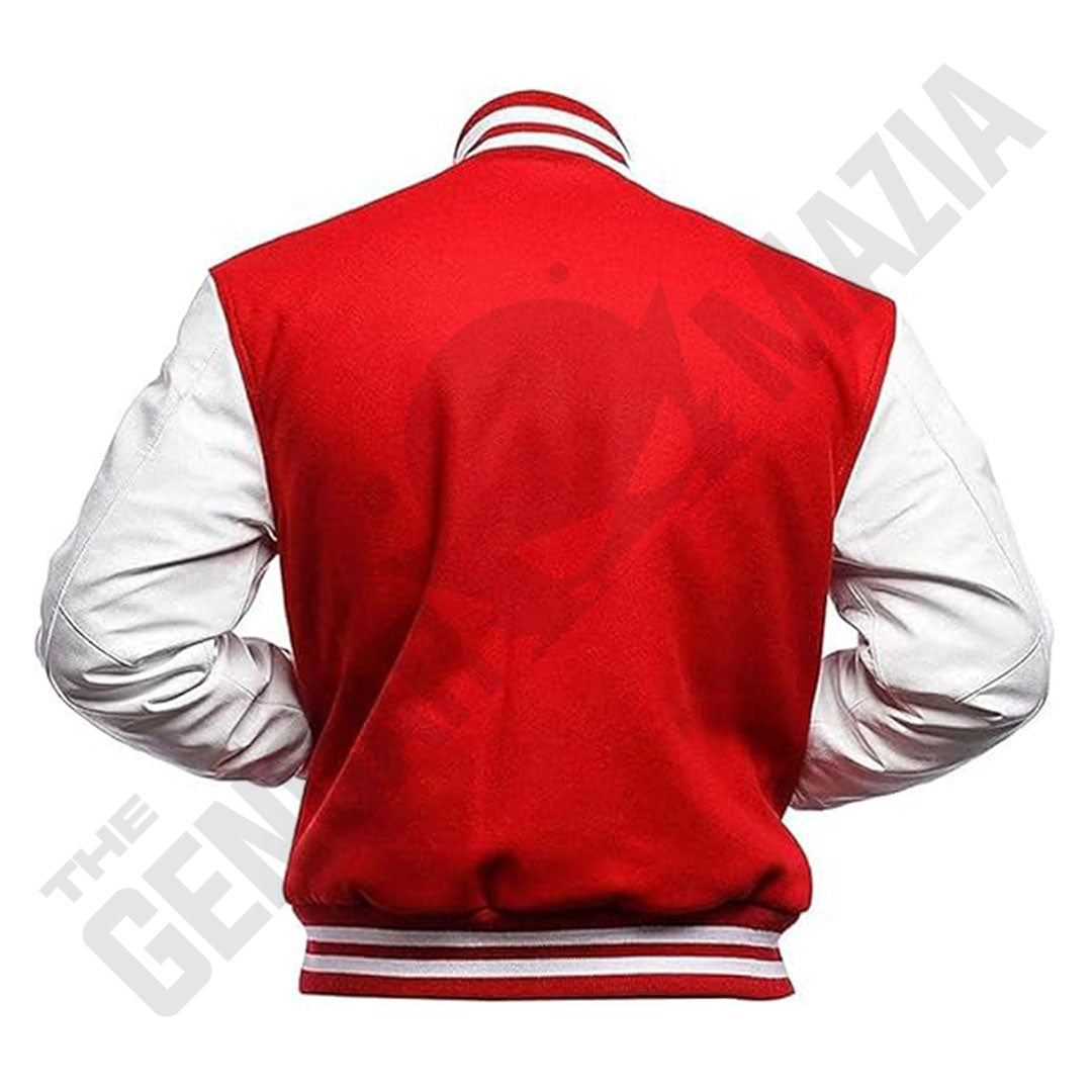 Men's Red Wool Body With White Leather Sleeves Letterman Jacket