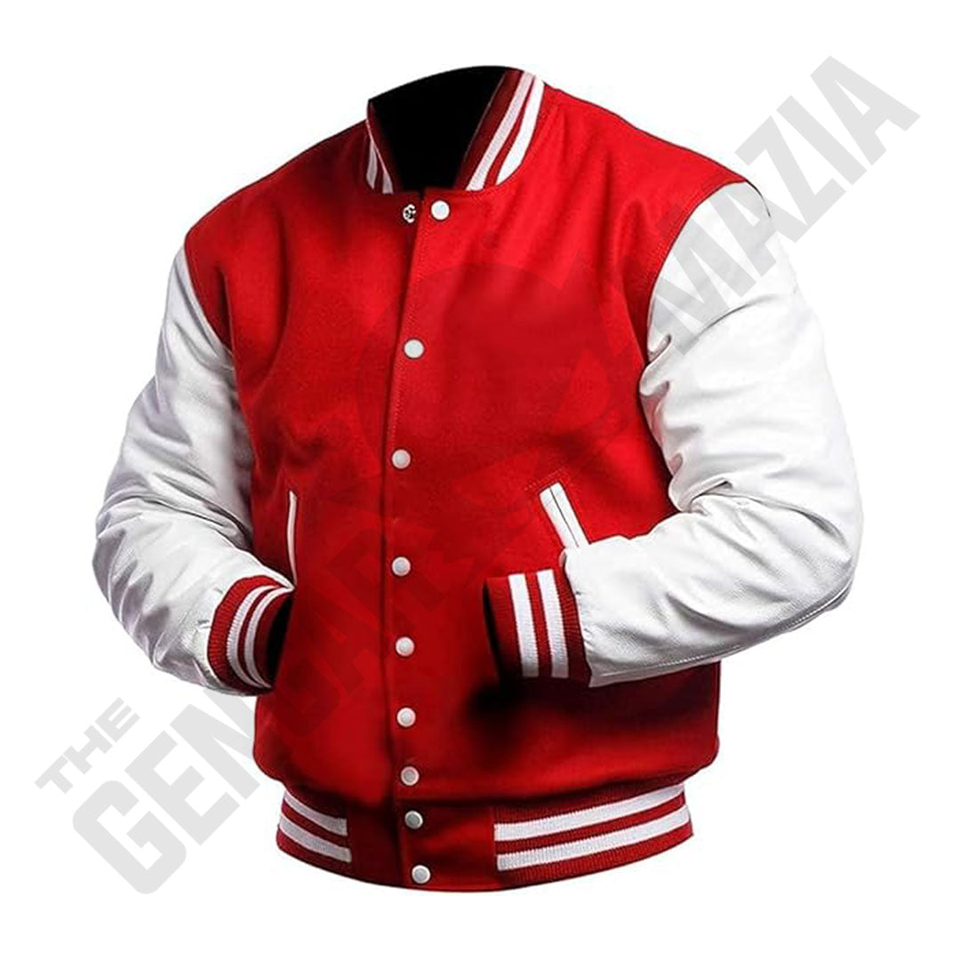 Men's Red Wool Body With White Leather Sleeves Letterman Jacket