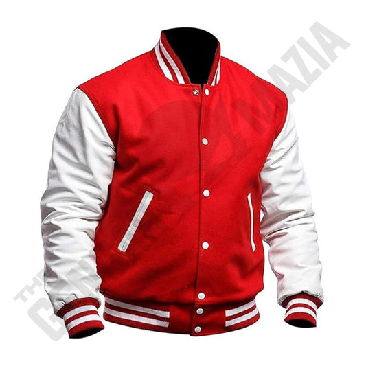 Men's Red Wool Body With White Leather Sleeves Letterman Jacket