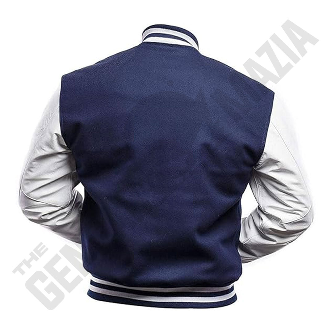 Men's Navy Wool Body With White Leather Sleeves Letterman Jacket
