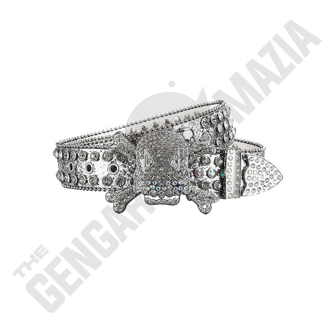 Gengar Metal Buckle Shiny Silver Strap With Crystal Studded Rhinestone Belt