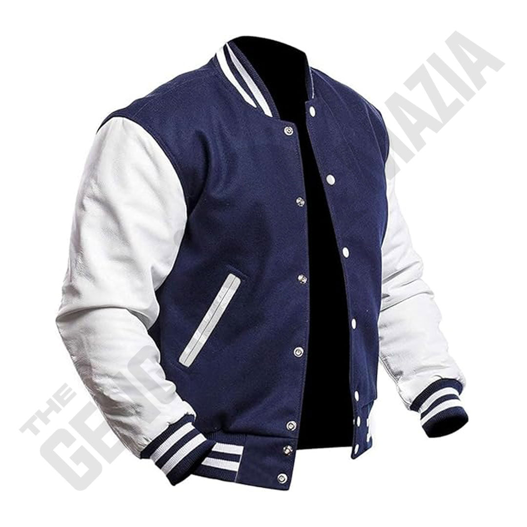 Men's Navy Wool Body With White Leather Sleeves Letterman Jacket