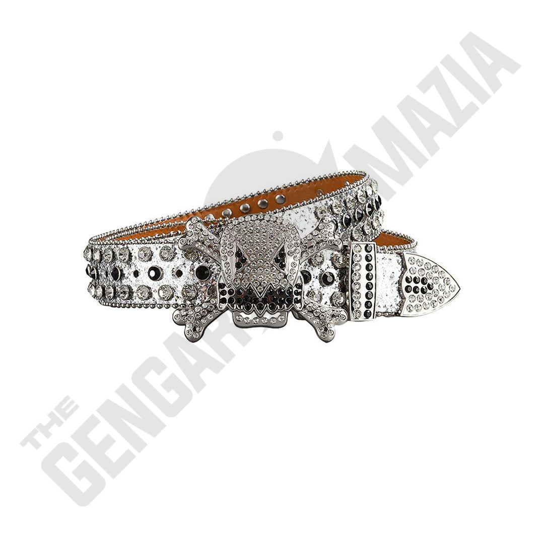 Gengar Metal Buckle Shiny Silver Strap With Black & Crystal Studded Rhinestone Belt