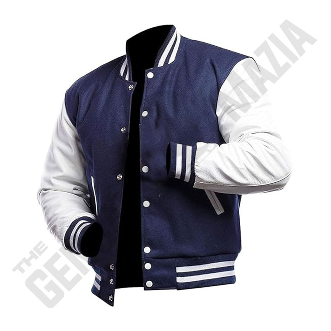 Men's Navy Wool Body With White Leather Sleeves Letterman Jacket