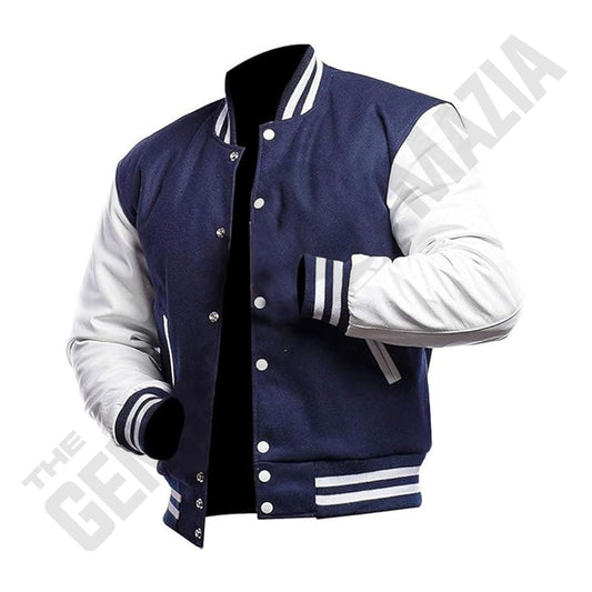 Men's Navy Wool Body With White Leather Sleeves Letterman Jacket