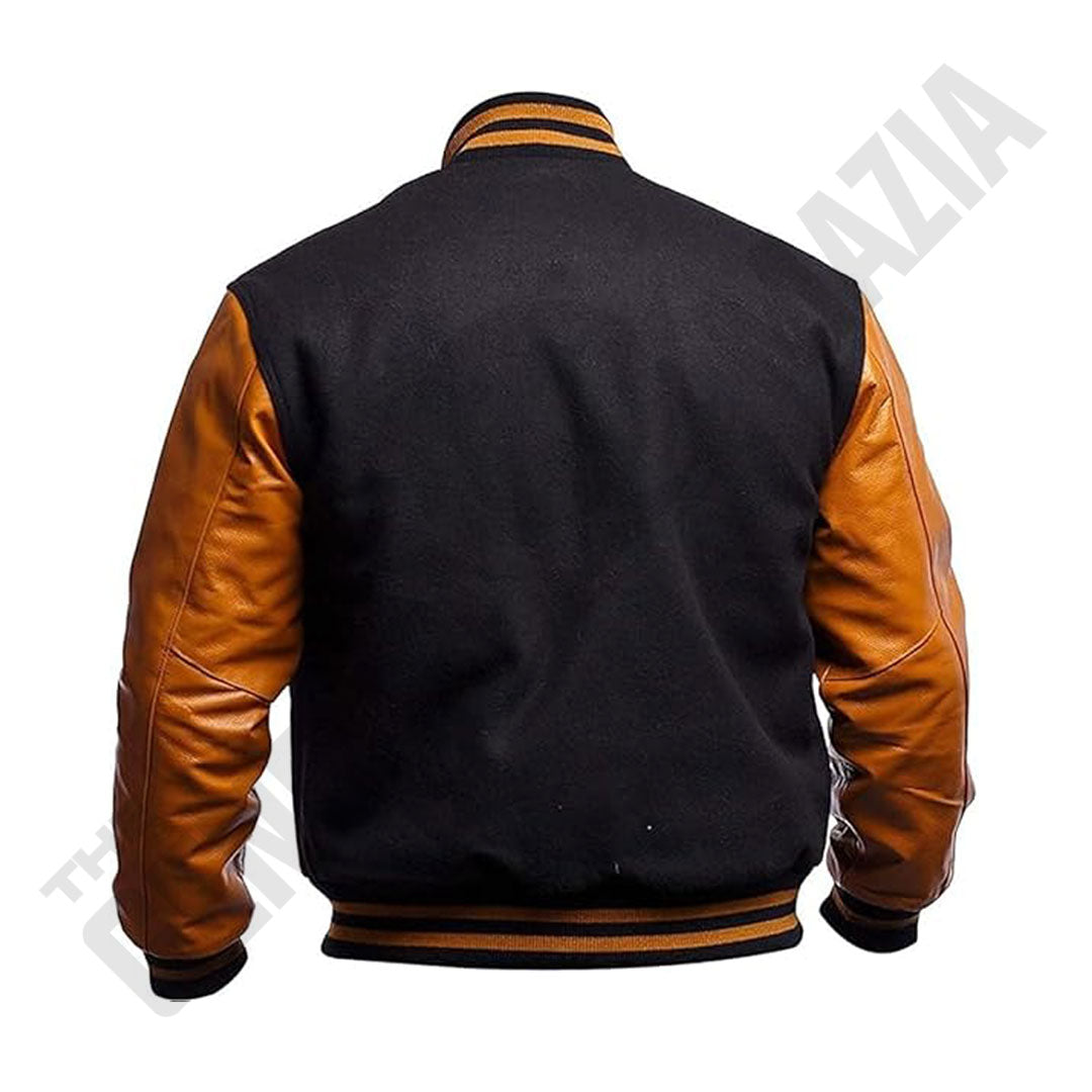 Men's Black Wool Body With Gold Leather Sleeves Varsity Jacket