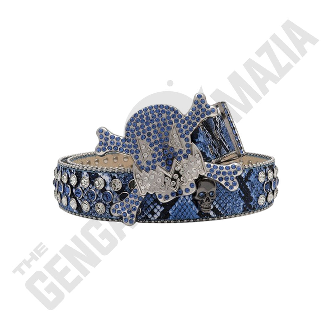 Gengar Metal Buckle Patterned Blue Strap With Blue & Crystal Studded Rhinestone Belt