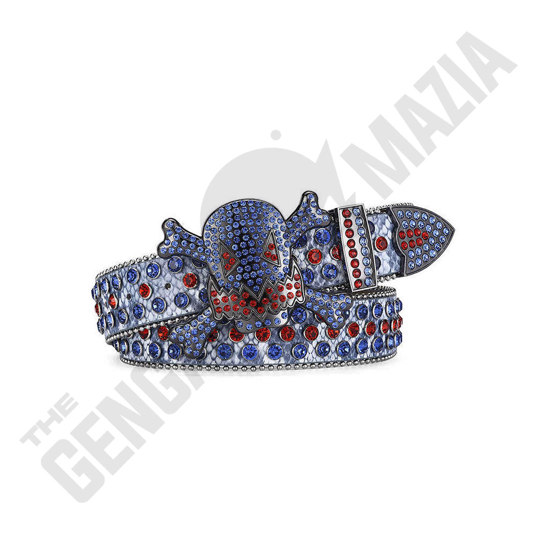 Gengar Metal Buckle Patterned Blue Strap With Blue & Red Studded Rhinestone Belt