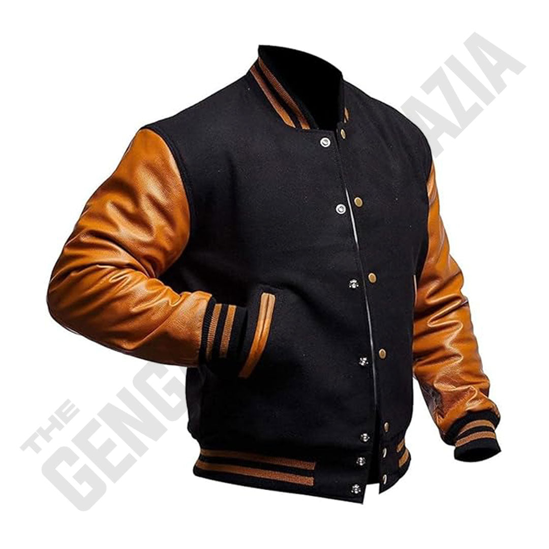 Men's Black Wool Body With Gold Leather Sleeves Varsity Jacket