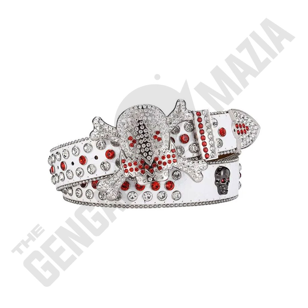 Gengar Metal Buckle White Strap With Red & Crystal Studded Rhinestone Belt