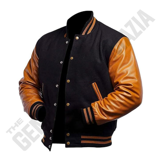 Men's Black Wool Body With Gold Leather Sleeves Varsity Jacket