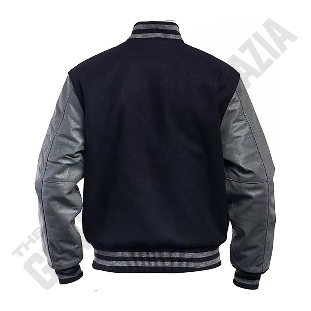 Men's Black Wool Body With Grey Leather Sleeves Varsity Jacket