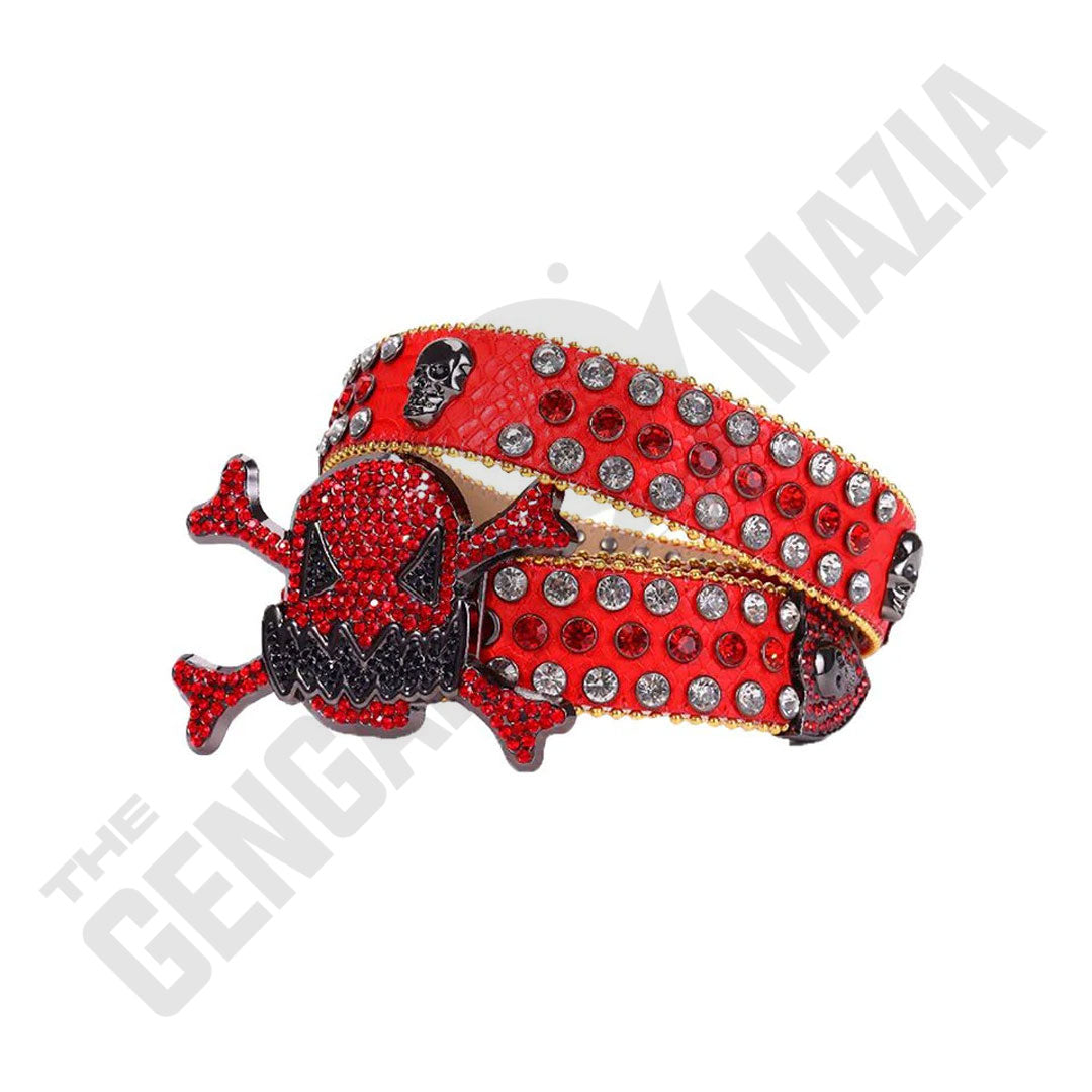 Gengar Metal Buckle Patterned Red Strap With Red & Crystal Studded Rhinestone Belt
