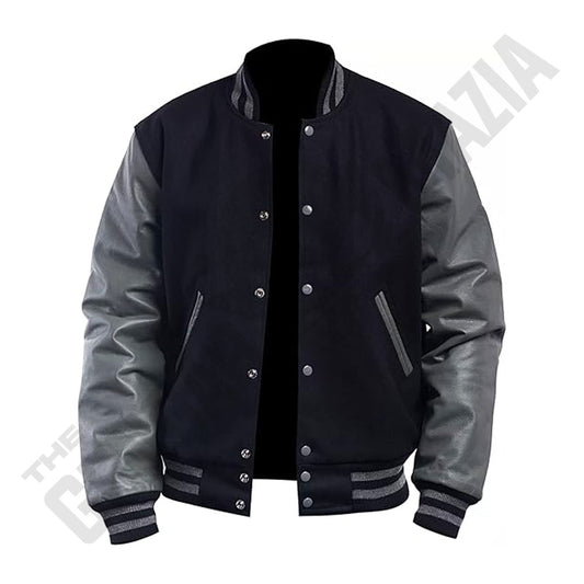 Men's Black Wool Body With Grey Leather Sleeves Varsity Jacket