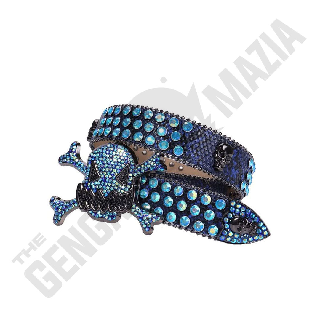 Gengar Metal Buckle Patterned Blue Strap With Aqua Studded Rhinestone Belt