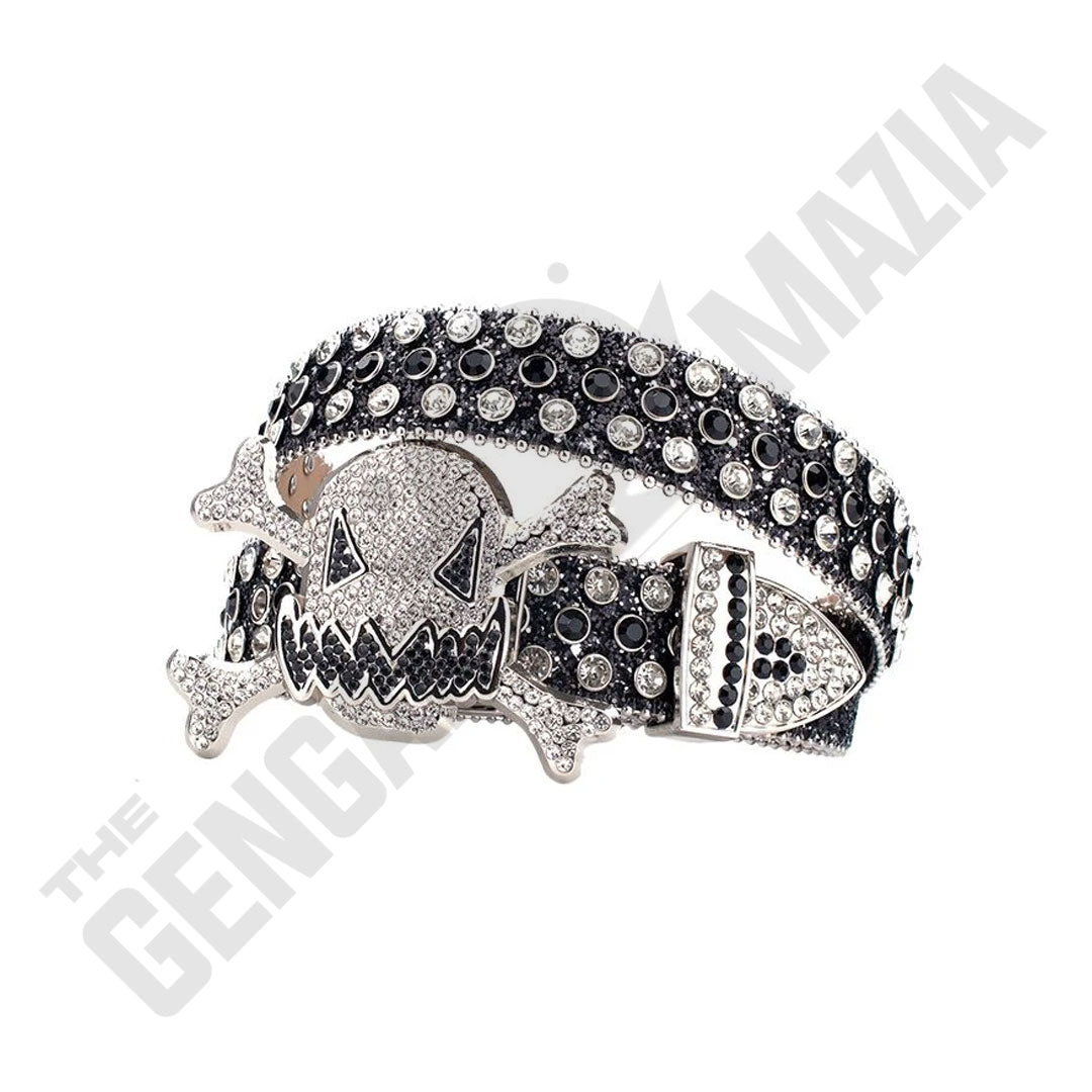 Gengar Metal Buckle Shiny Black Strap With Crystal & Black Studded Rhinestone Belt