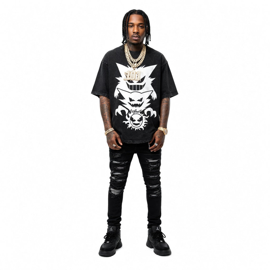 Shadow Phantom Streetwear Set Oversized Graphic Tee & Distressed Black Denim