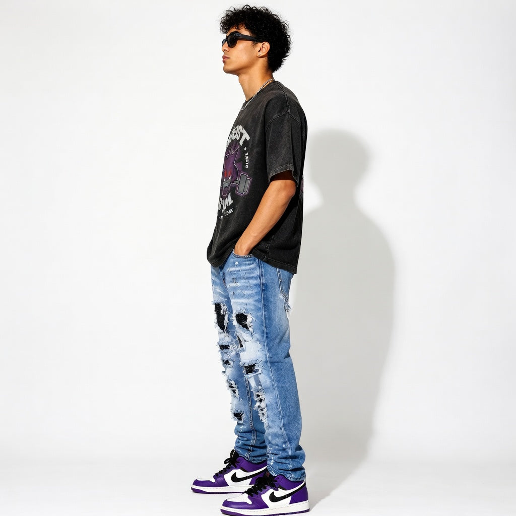 Ghost Gym Streetwear Set Oversized Graphic Tee & Distressed Denim Jeans