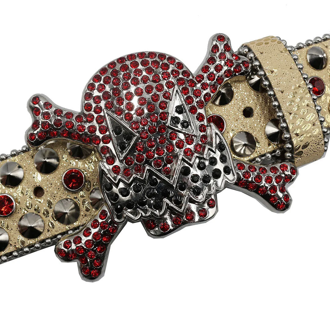 Punk Rivet Gengar Metal Buckle Shiny Beige Strap With Red Studded Rhinestone Belt